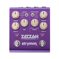 Purple musical effects pedal with multiple knobs, two toggle switches, and two footswitches.