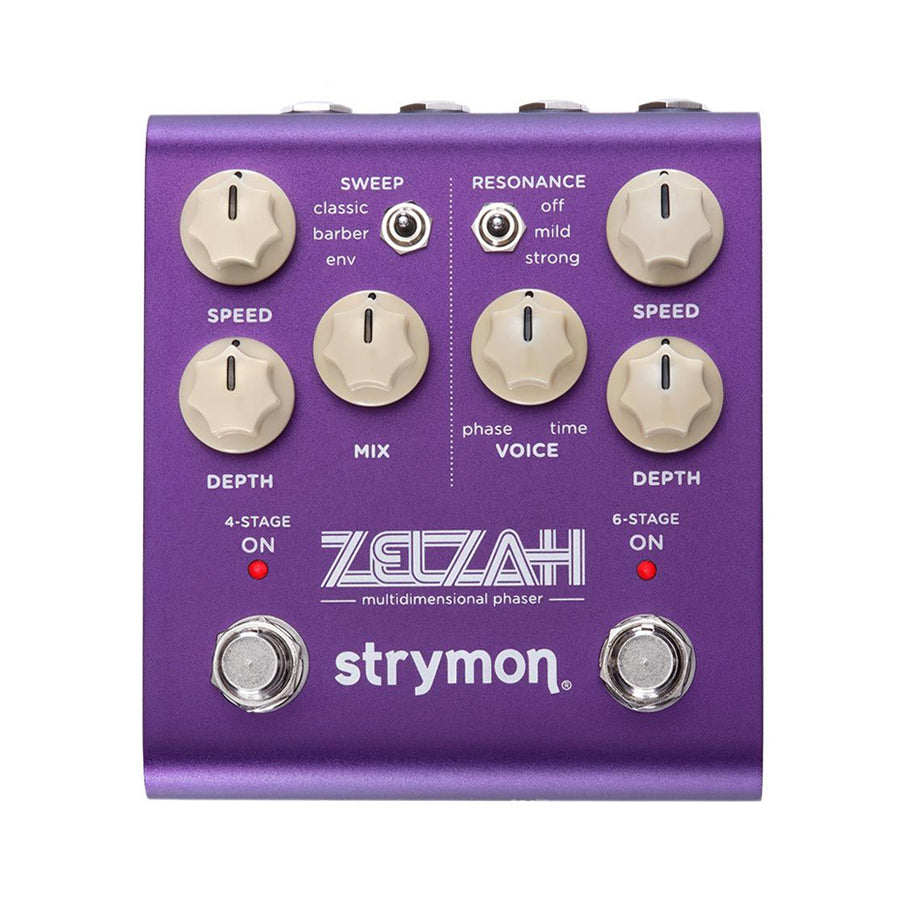 Purple musical effects pedal with multiple knobs, two toggle switches, and two footswitches.