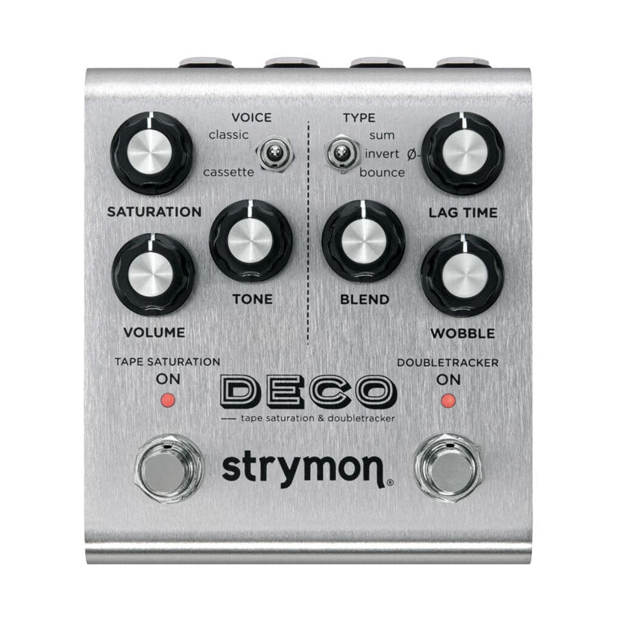 Silver guitar effects pedal with knobs, toggle switches, footswitches, and labels for saturation, tone, blend, and wobble controls.