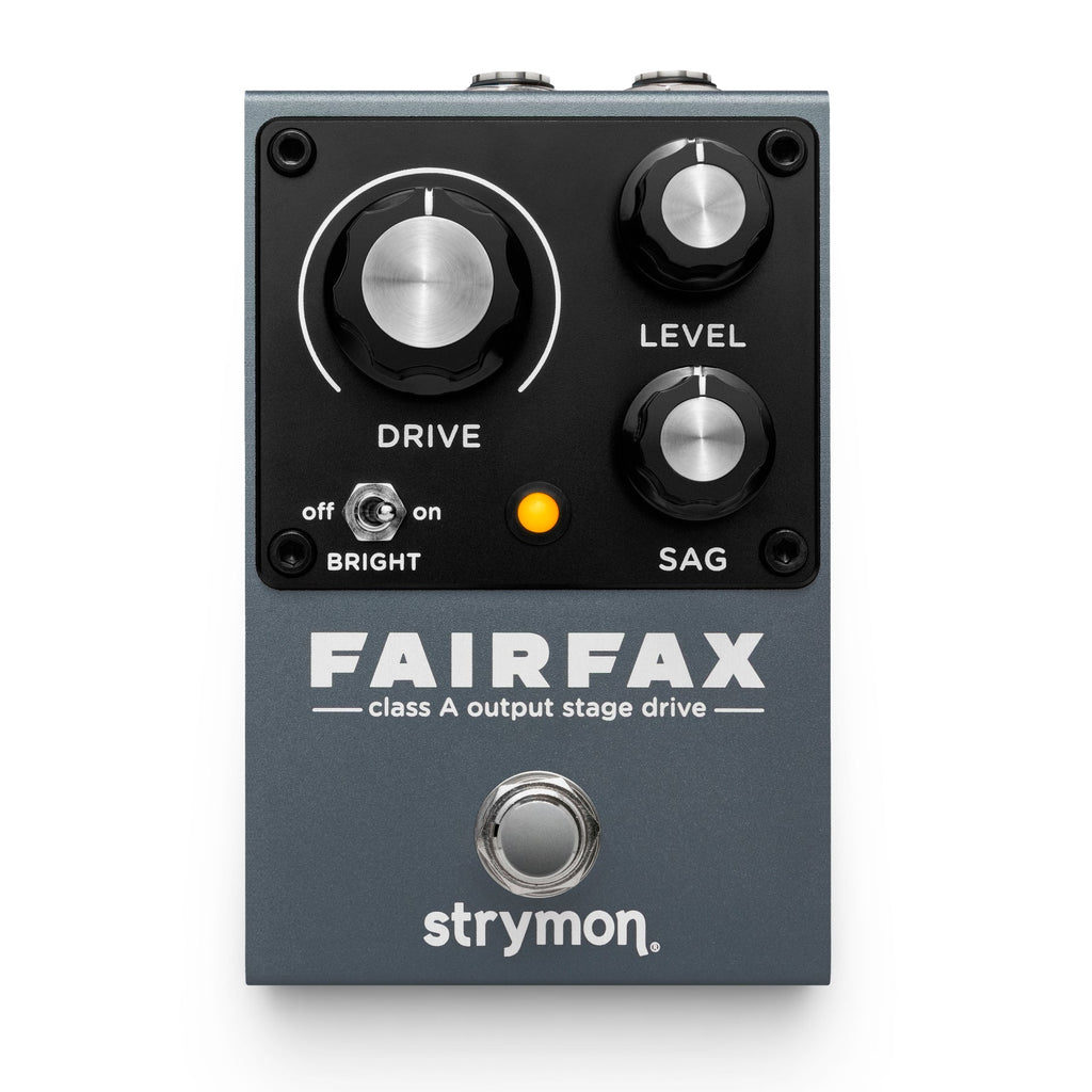 Gray guitar effects pedal with DRIVE, LEVEL, and SAG knobs, a BRIGHT toggle switch, and a footswitch by Strymon.