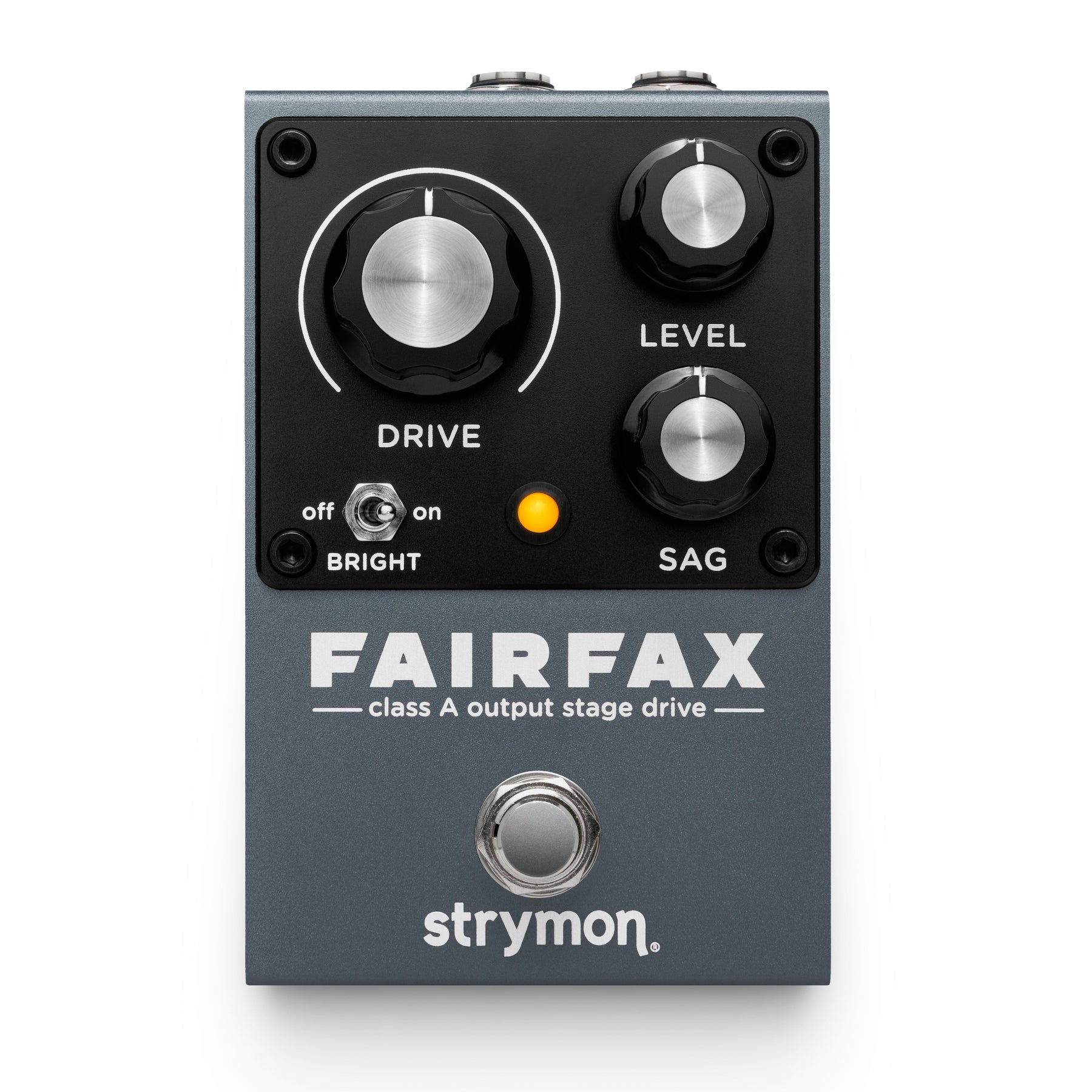 Gray guitar effects pedal with DRIVE, LEVEL, and SAG knobs, a BRIGHT toggle switch, and a footswitch by Strymon.