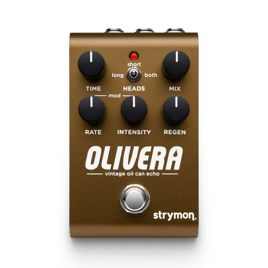 Brown guitar effects pedal with six black knobs, a toggle switch, a footswitch, and labeled controls including TIME and MIX.