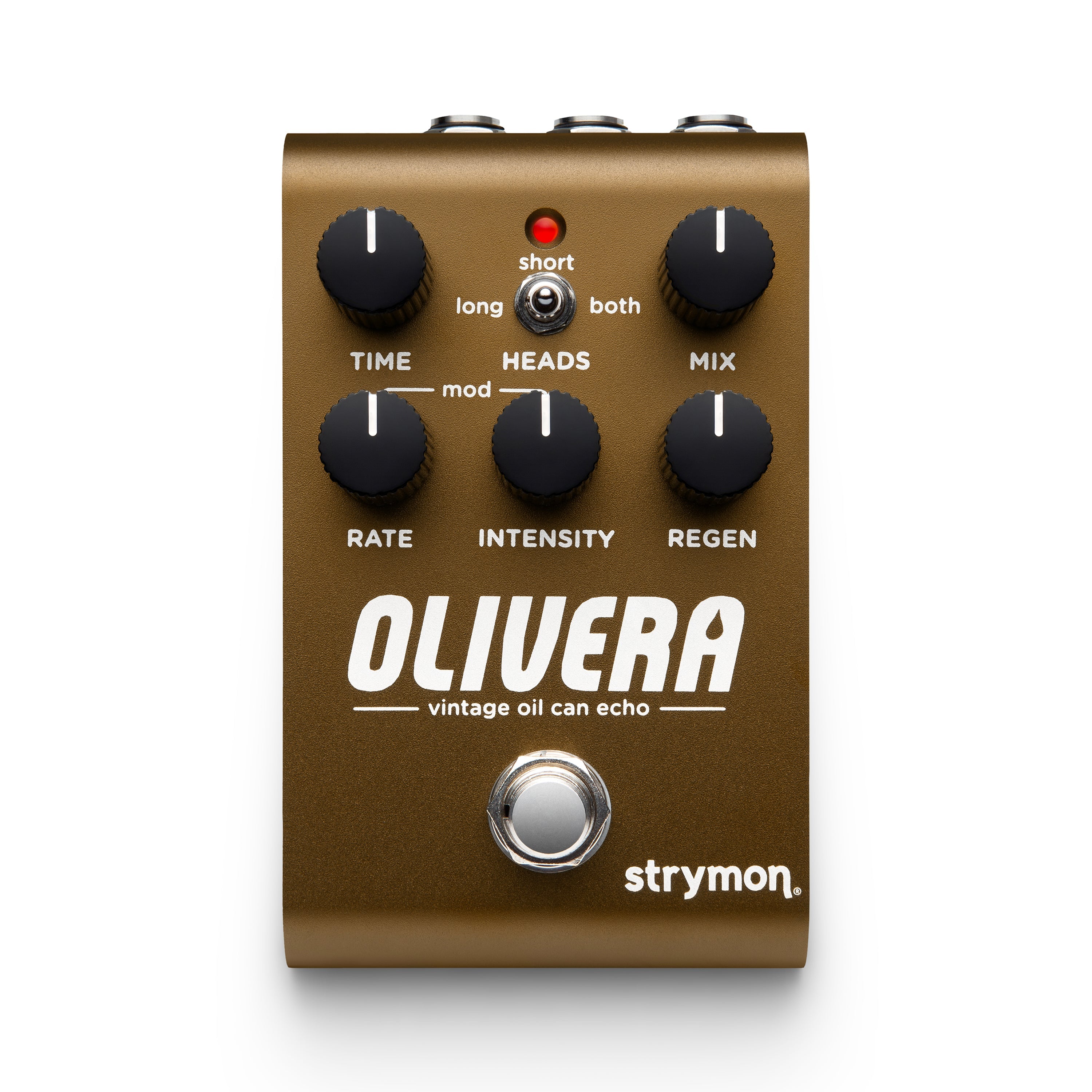 Brown guitar effects pedal with six black knobs, a toggle switch, a footswitch, and labeled controls including TIME and MIX.