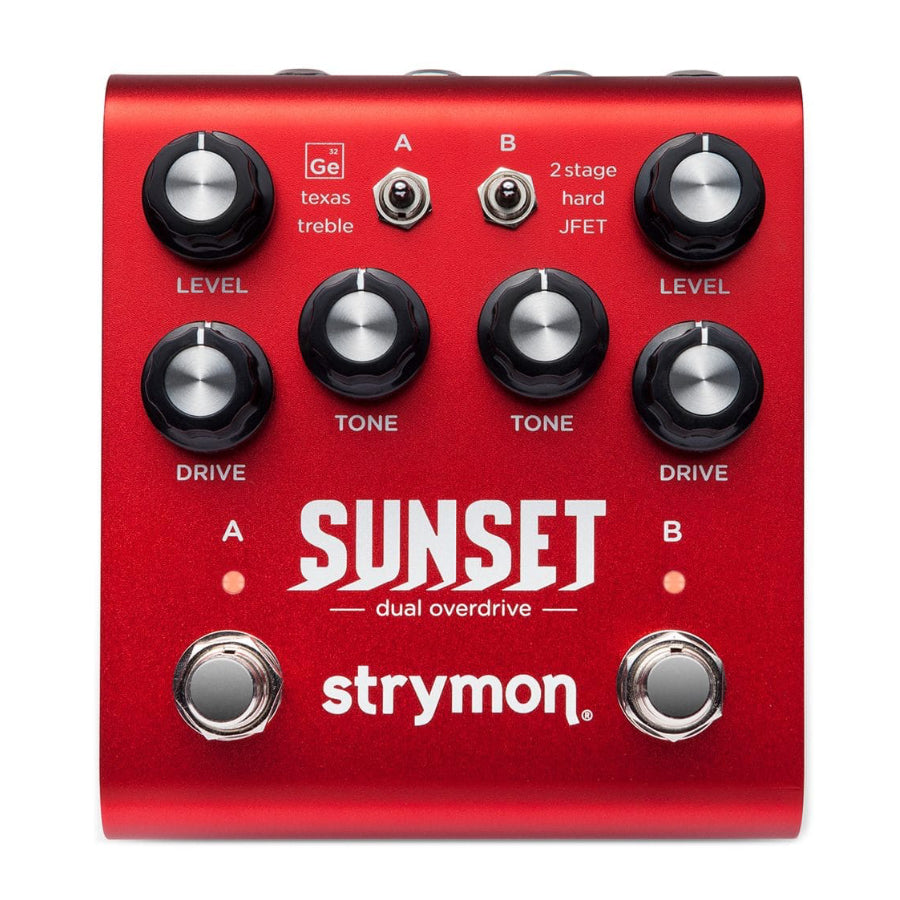 Red metal dual overdrive pedal with knobs, toggle switches, and footswitches labeled Sunset by Strymon.