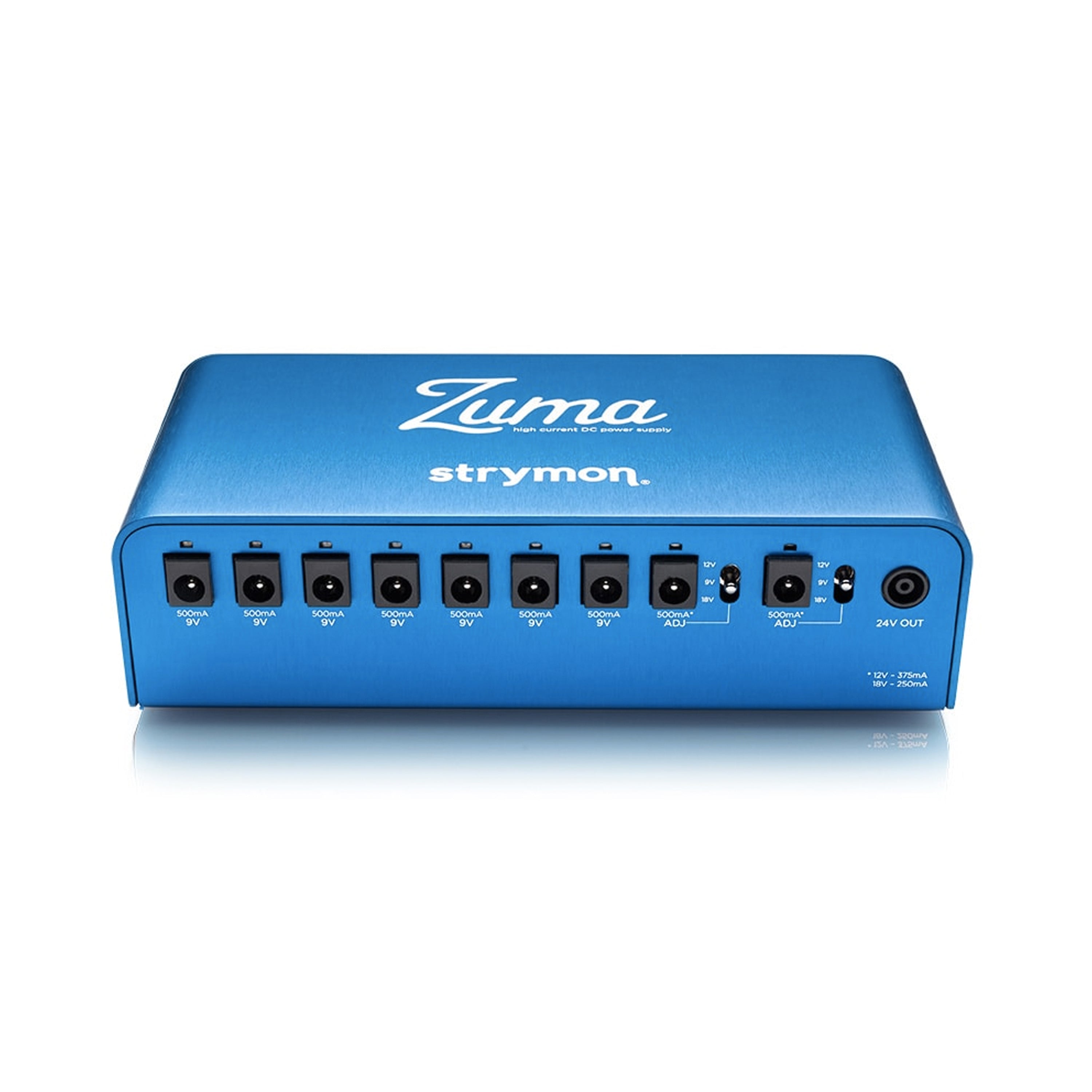 Blue metal power supply unit with multiple 9V DC output jacks and two adjustable voltage selector switches.