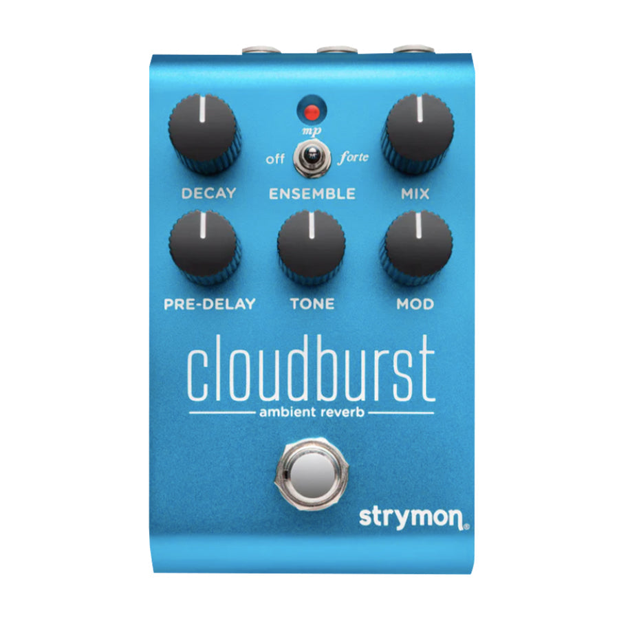 Blue guitar effects pedal with five knobs, one toggle switch, and a footswitch labeled Cloudburst ambient reverb by Strymon.