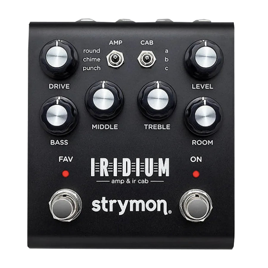 Black Strymon Iridium amp and IR cab guitar pedal with multiple knobs, switches, and two footswitches.