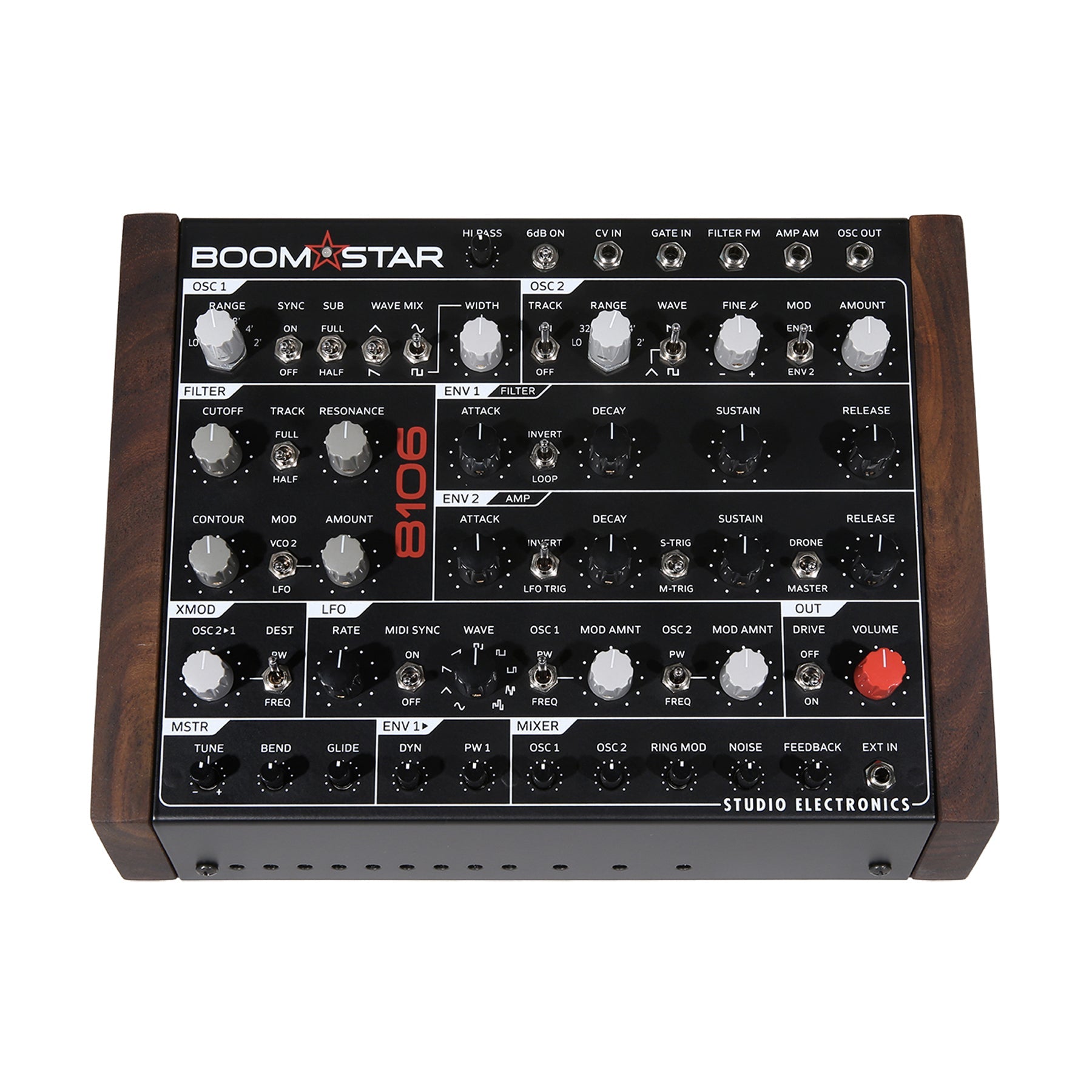 Top view of a black Studio Electronics Boomstar 8106 MkII synthesizer with wooden side panels and various knobs and jacks.