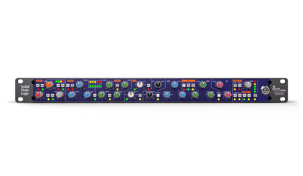 Front panel of an audio channel strip with multiple knobs, buttons, and indicators.
