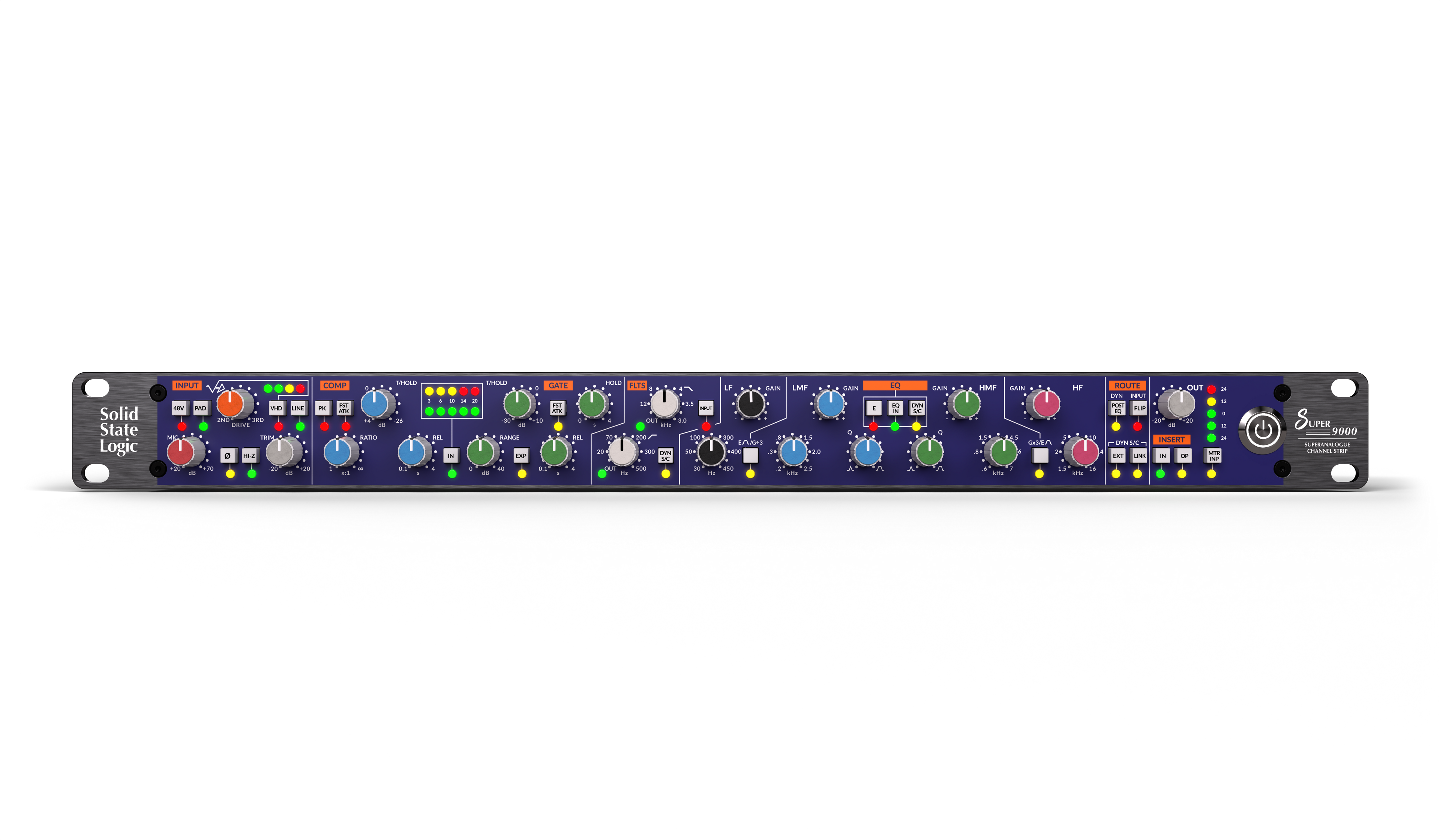 Front panel of an audio channel strip with multiple knobs, buttons, and indicators.