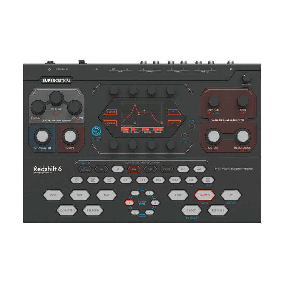 Top view of a black synthesizer with multiple rotary knobs, buttons, and several audio and USB ports.