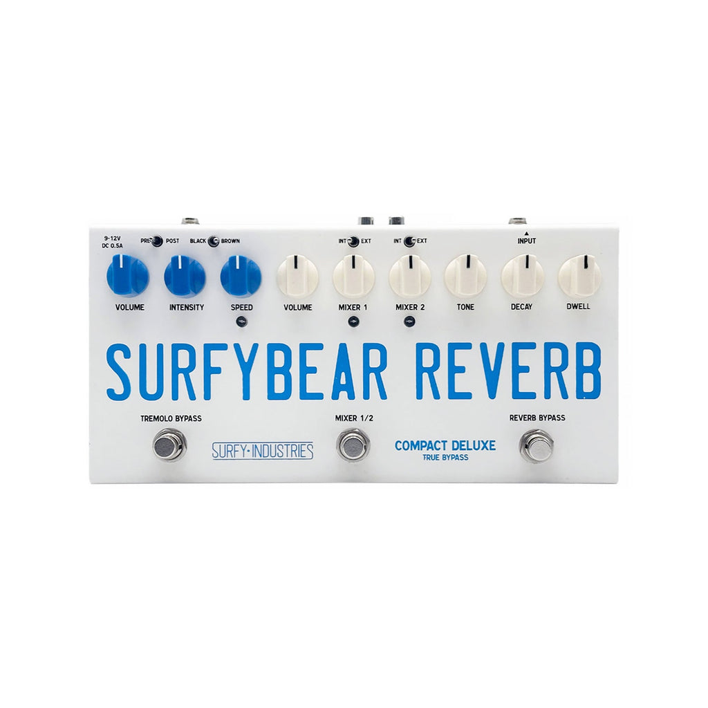 White guitar effects pedal with blue and white knobs labeled Surfybear Reverb and multiple control switches.