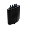 Black audio device with four rotary knobs and a headphone jack on top, with a blue light on the front.