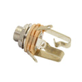 Metal and plastic mounted 1/4 inch jack socket with three solder terminals visible