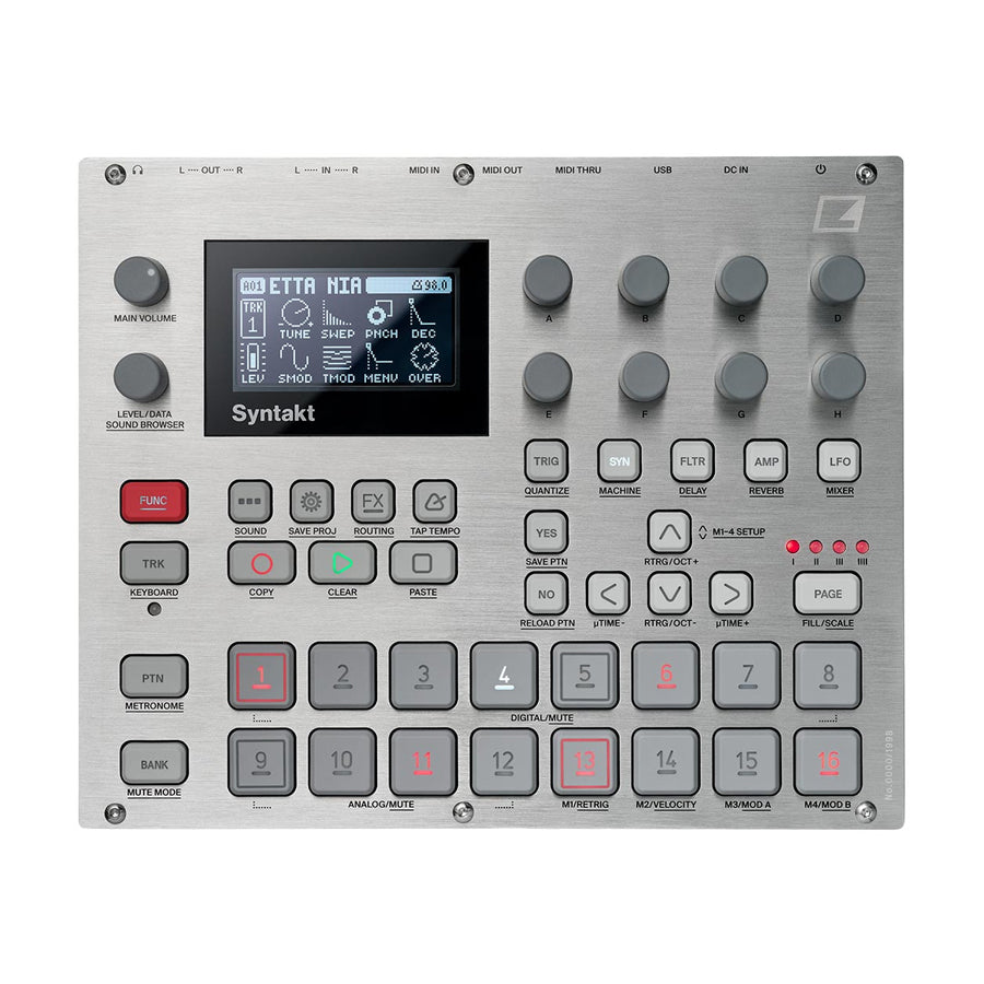 Top view of a silver Elektron Syntakt device with screen, knobs, buttons, and pads showing a user interface.