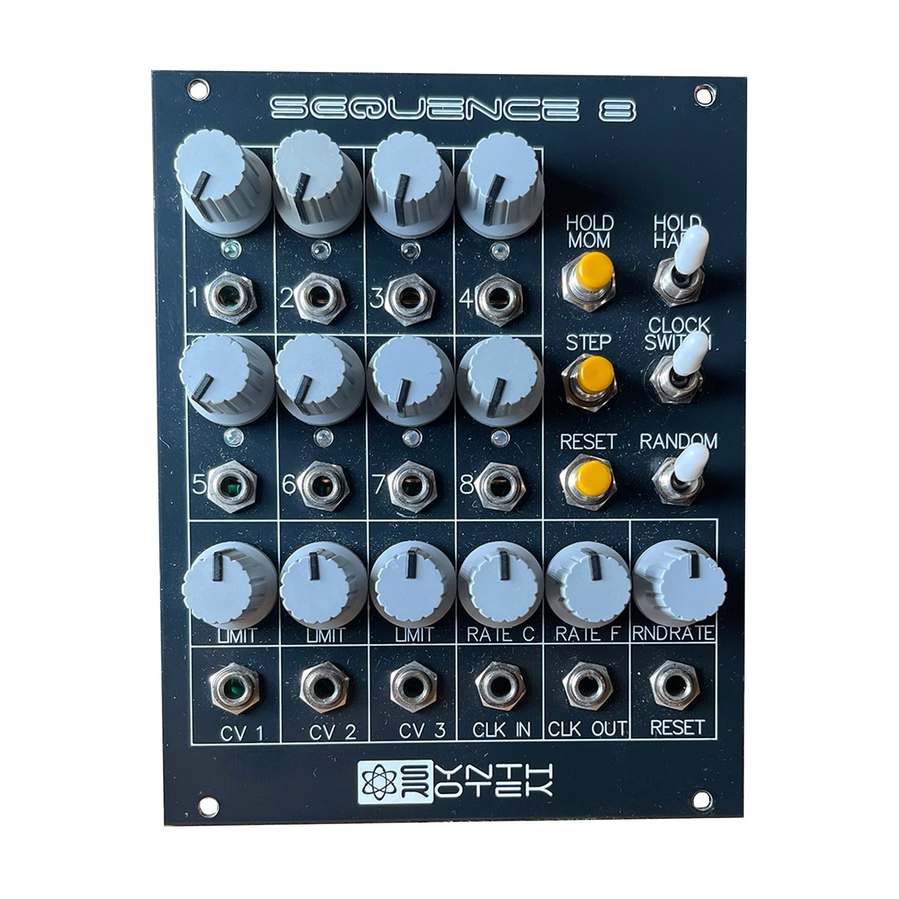 Synthrotek Sequence 8 module with knobs, switches, and jack connectors on a black panel.