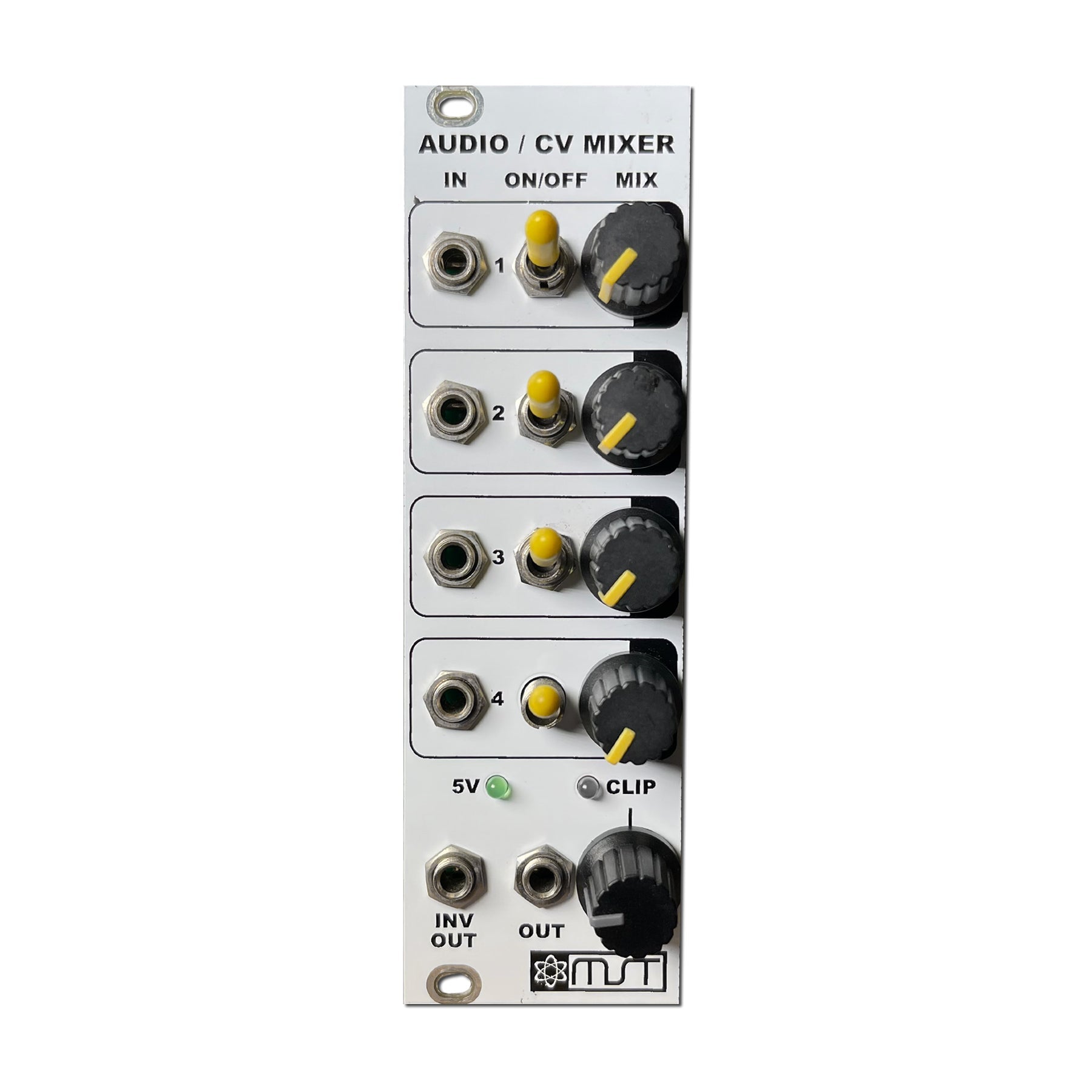 White audio/CV mixer module with four input sections each with jack, toggle, and knob, plus output jacks and knobs.