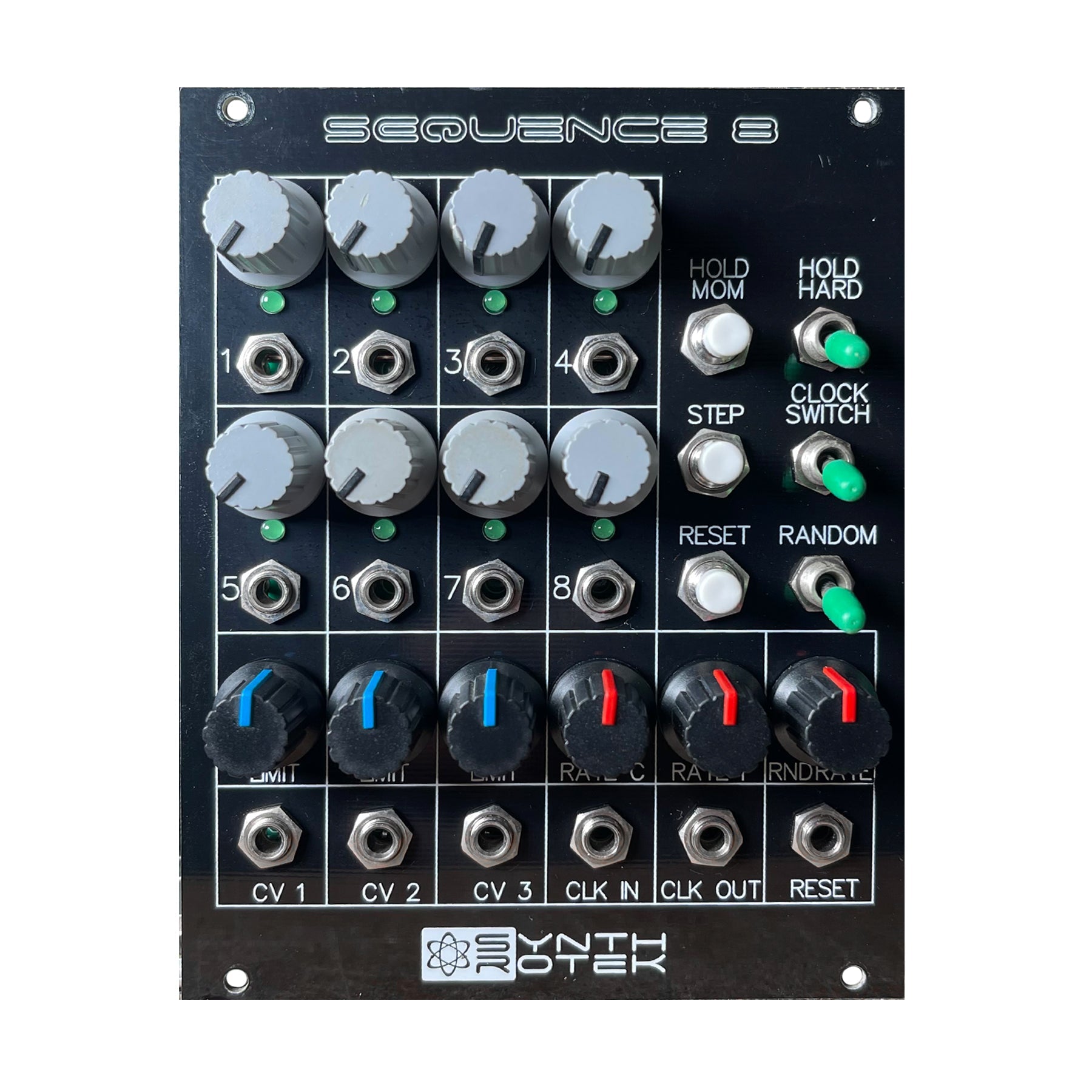 Black Synthrotek Sequence 8 module with knobs, switches, and multiple 3.5mm jack connectors.