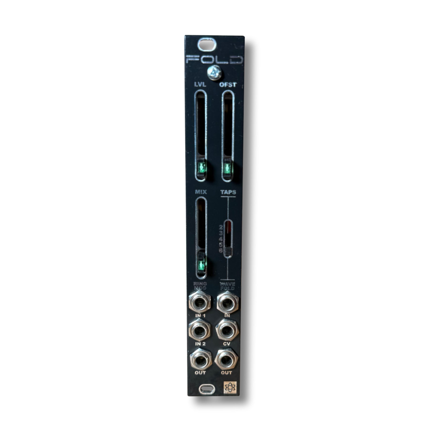 Black eurorack module with sliders and multiple 3.5mm jacks labeled Fold with controls for level, offset, mix, taps, and ring mod.