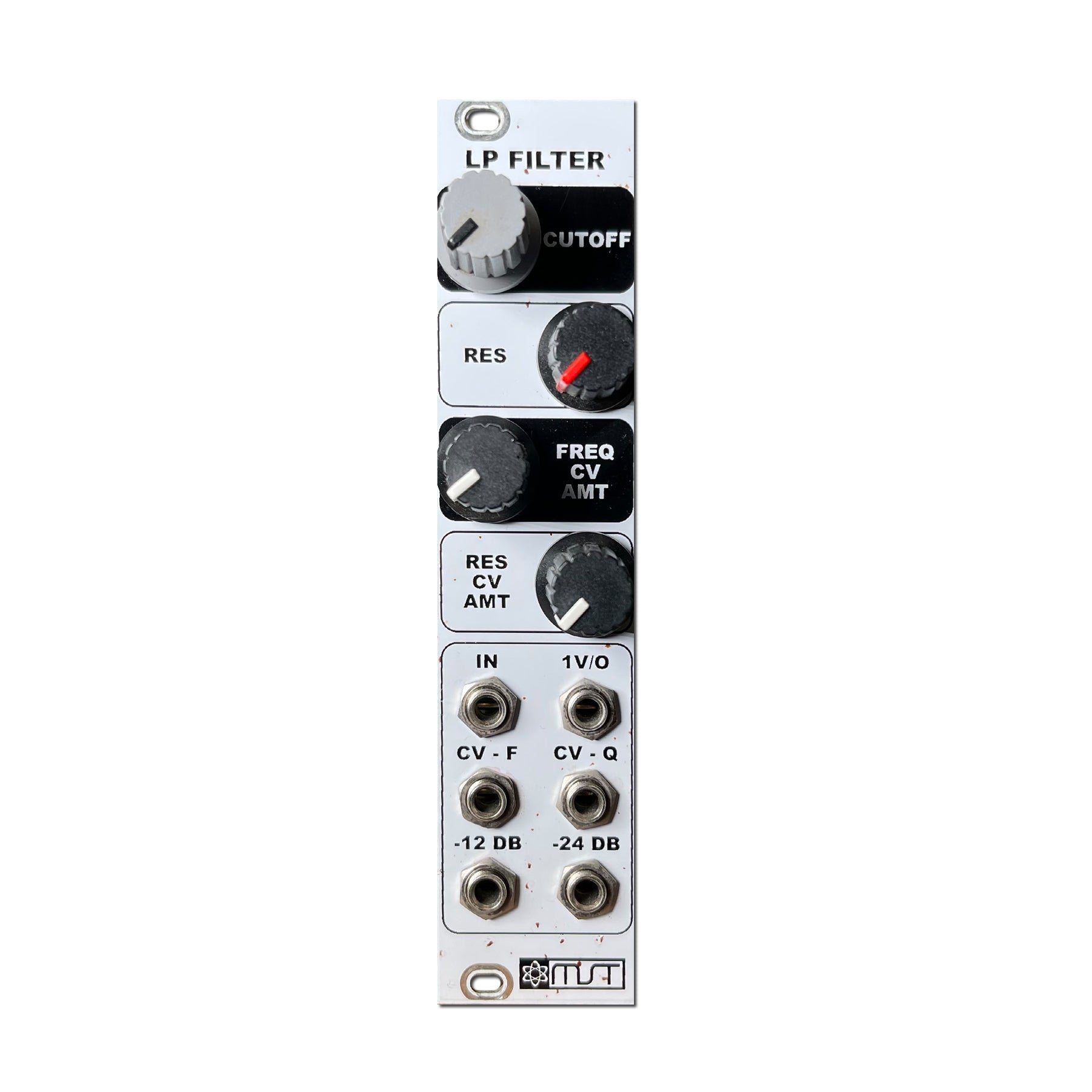 White electronic module with four knobs and six 6.35mm audio jacks labeled with filter parameters and MST logo.