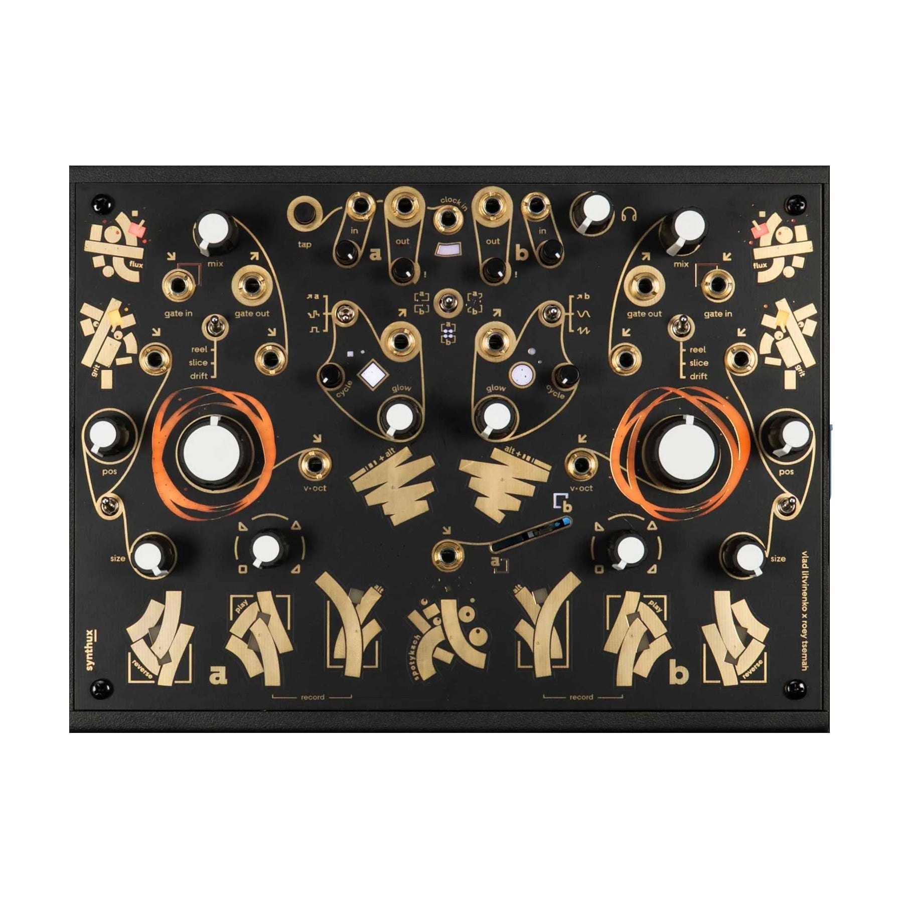 Black analog synthesizer module with orange and gold graphics, multiple knobs, switches, and jack connectors on its front panel.