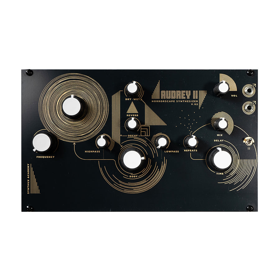Black Synthux Academy Audrey II synth module with white knobs and gold graphic design.