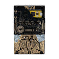 Front view of a black and gold synth module with multiple knobs, switches, and input/output jacks.