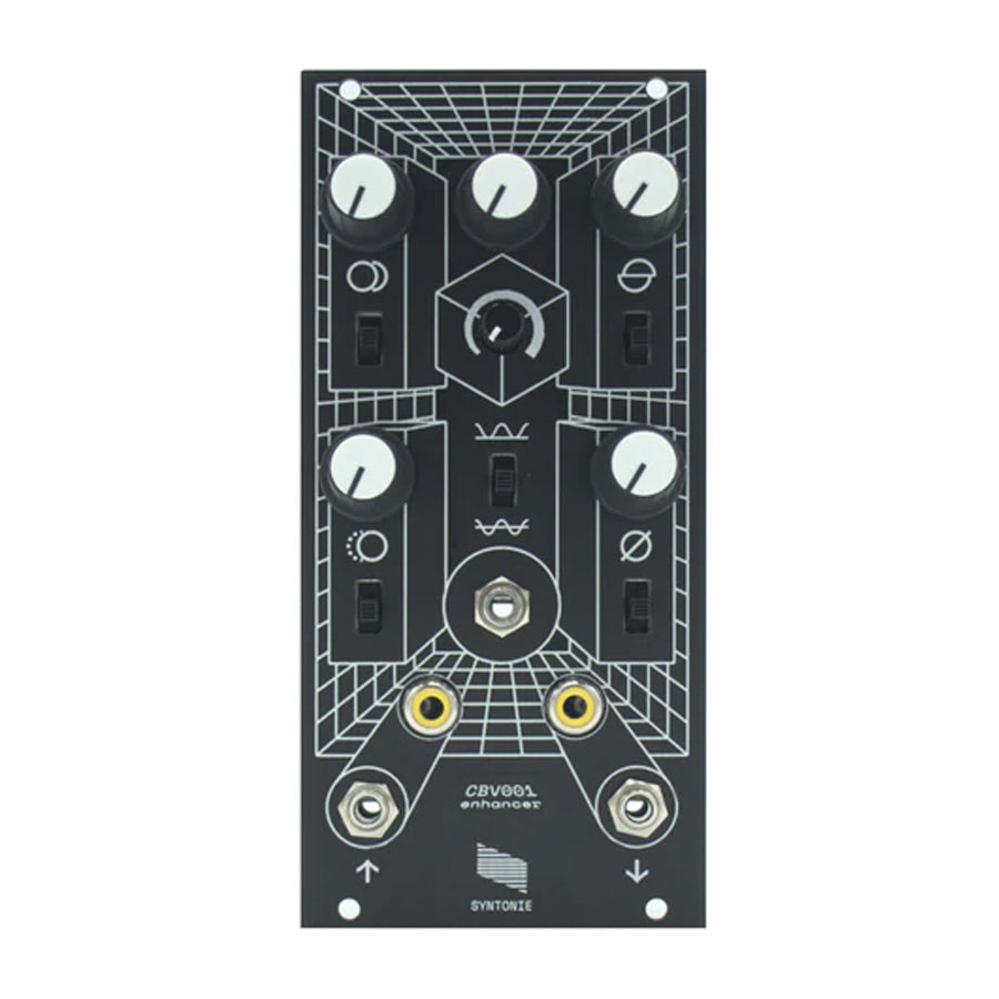 Black Eurorack module with knobs, switches, and four 1/4 inch jacks labeled CBV001 enhancer by Syntonie.