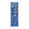 Blue Syntonie Sortie Eurorack module with multiple video sync and RGB connectors and indicator lights.