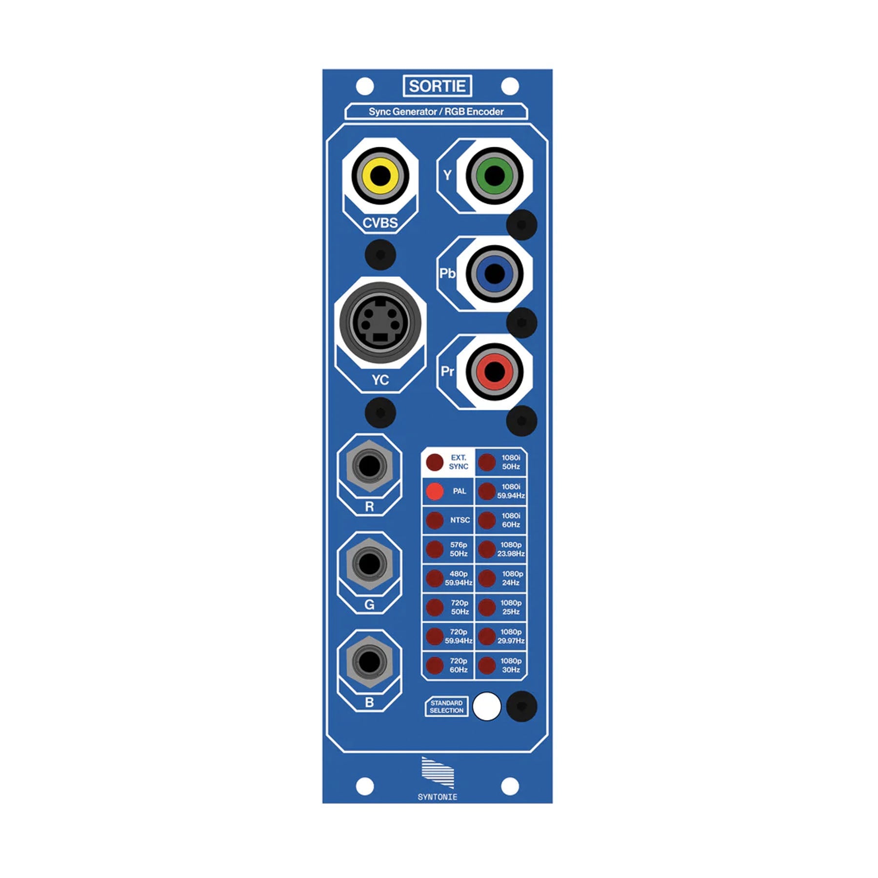Blue Syntonie Sortie Eurorack module with multiple video sync and RGB connectors and indicator lights.