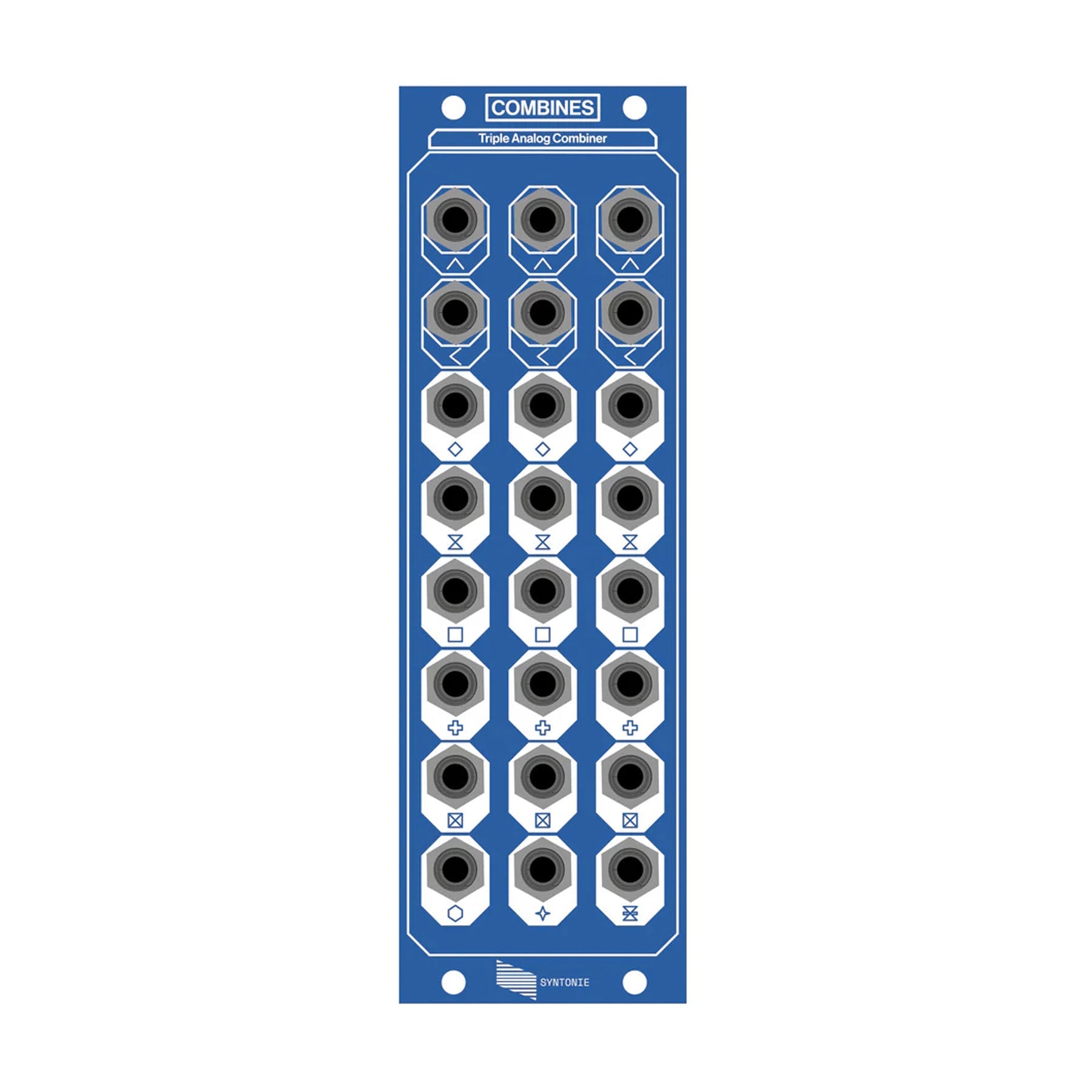 Blue eurorack module with 18 3.5mm audio jacks arranged in six rows and three columns.