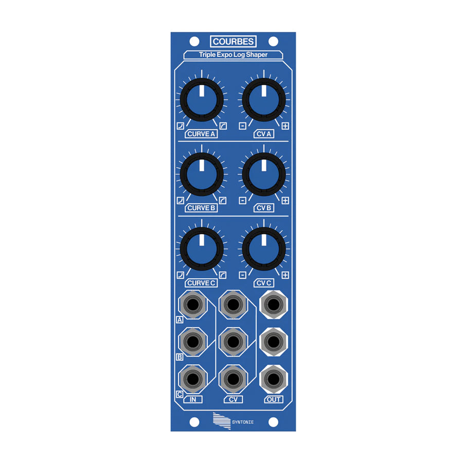 Blue eurorack module with nine rotary knobs and nine 3.5mm audio jacks arranged in a grid.