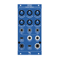 Blue Eurorack module with knobs, toggle switches, and jack sockets labeled for frequency, resonance, dry/wet, and video input/output.