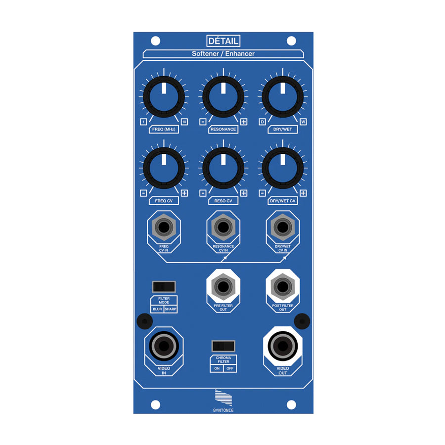 Blue Eurorack module with knobs, toggle switches, and jack sockets labeled for frequency, resonance, dry/wet, and video input/output.