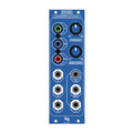 Blue Eurorack module with jacks labeled Y, Pb, Pr, R, G, B, IN, OUT, Y and two knobs for contrast and brightness.