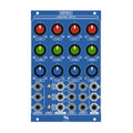 Blue modular synthesizer panel with knobs, toggle switches, and multiple 1/4 inch input and output jacks.