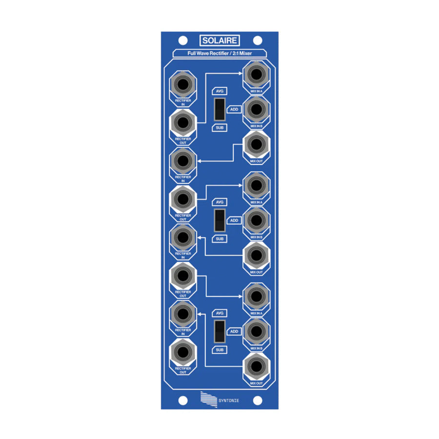 Blue electronic module with multiple 1/8 inch jacks, toggle switches, and white labels showing inputs and outputs.