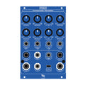 Blue eurorack module with knobs, jack sockets, and a toggle switch labeled for contrast, brightness, hue, and saturation control.