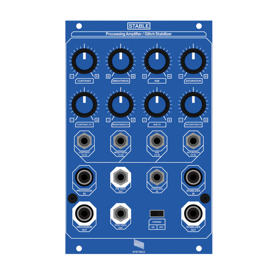 Blue eurorack module with knobs, jack sockets, and a toggle switch labeled for contrast, brightness, hue, and saturation control.