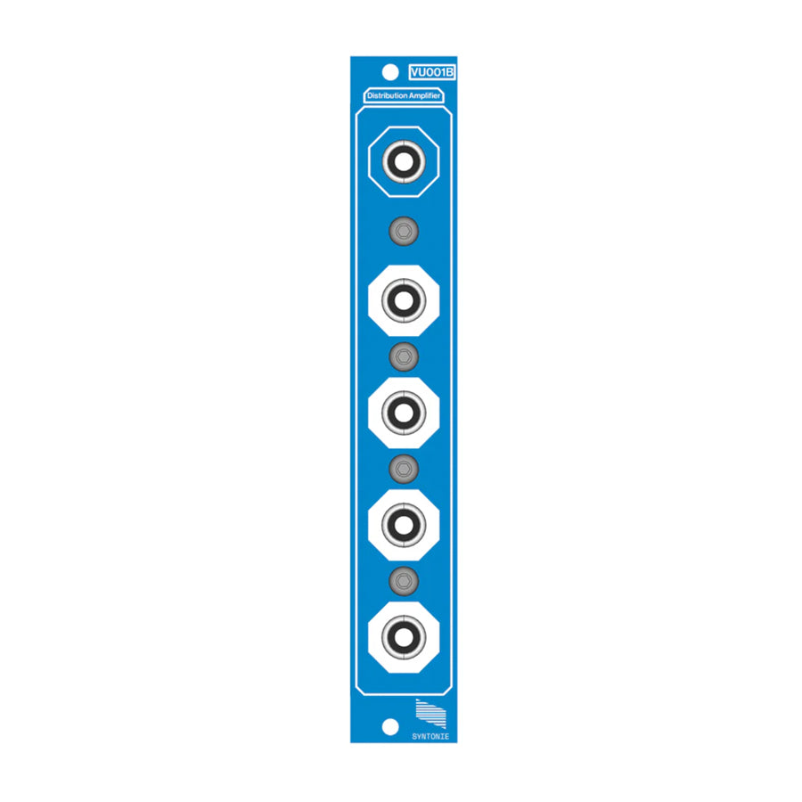 Blue eurorack module panel with five 1/4 inch jack sockets and corresponding push buttons labeled VU001B Distribution Amplifier.