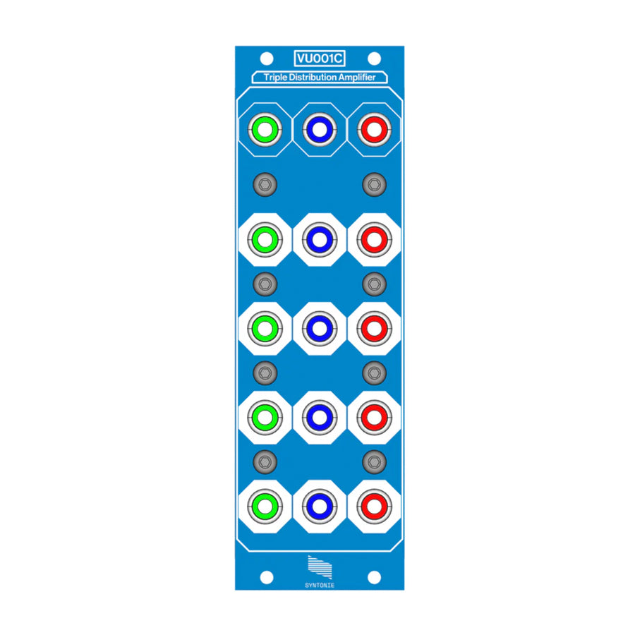 Blue eurorack module with multiple 3.5mm audio jacks in green, blue, and red and labeled VU001C Triple Distribution Amplifier.