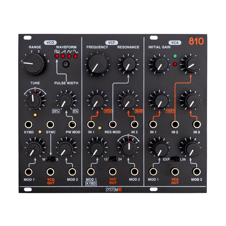 Front panel of a System80 810 MK2 Eurorack module with knobs, switches, and multiple input/output jacks.