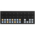 Black sequencer panel with multiple rotary knobs and illuminated square buttons labeled with musical functions and scales.