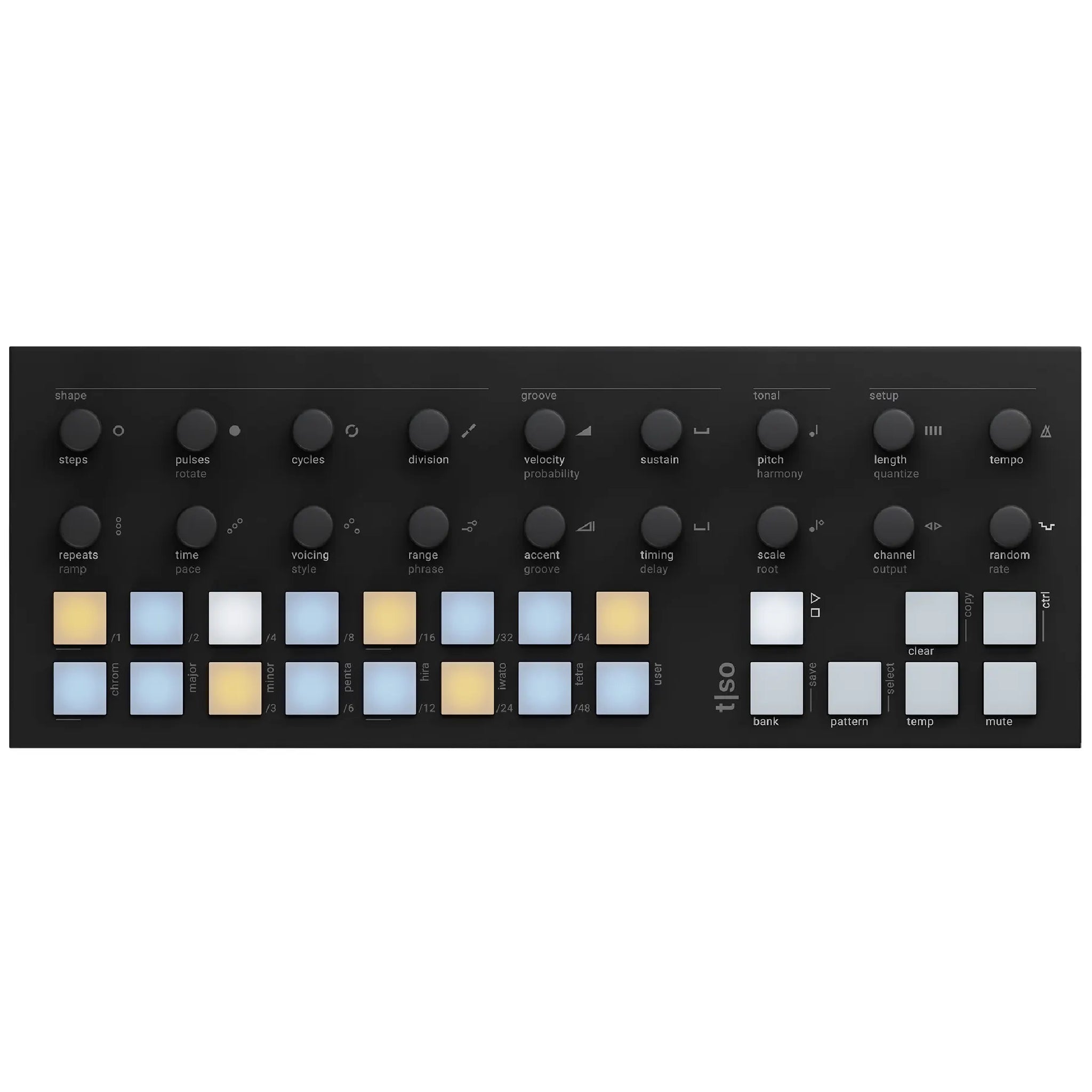 Black sequencer panel with multiple rotary knobs and illuminated square buttons labeled with musical functions and scales.