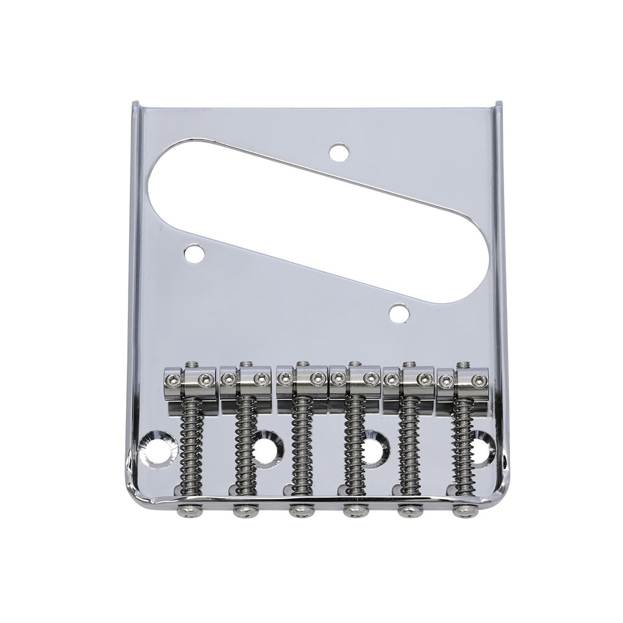 Chrome metal guitar bridge plate with six barrel saddles and mounting holes