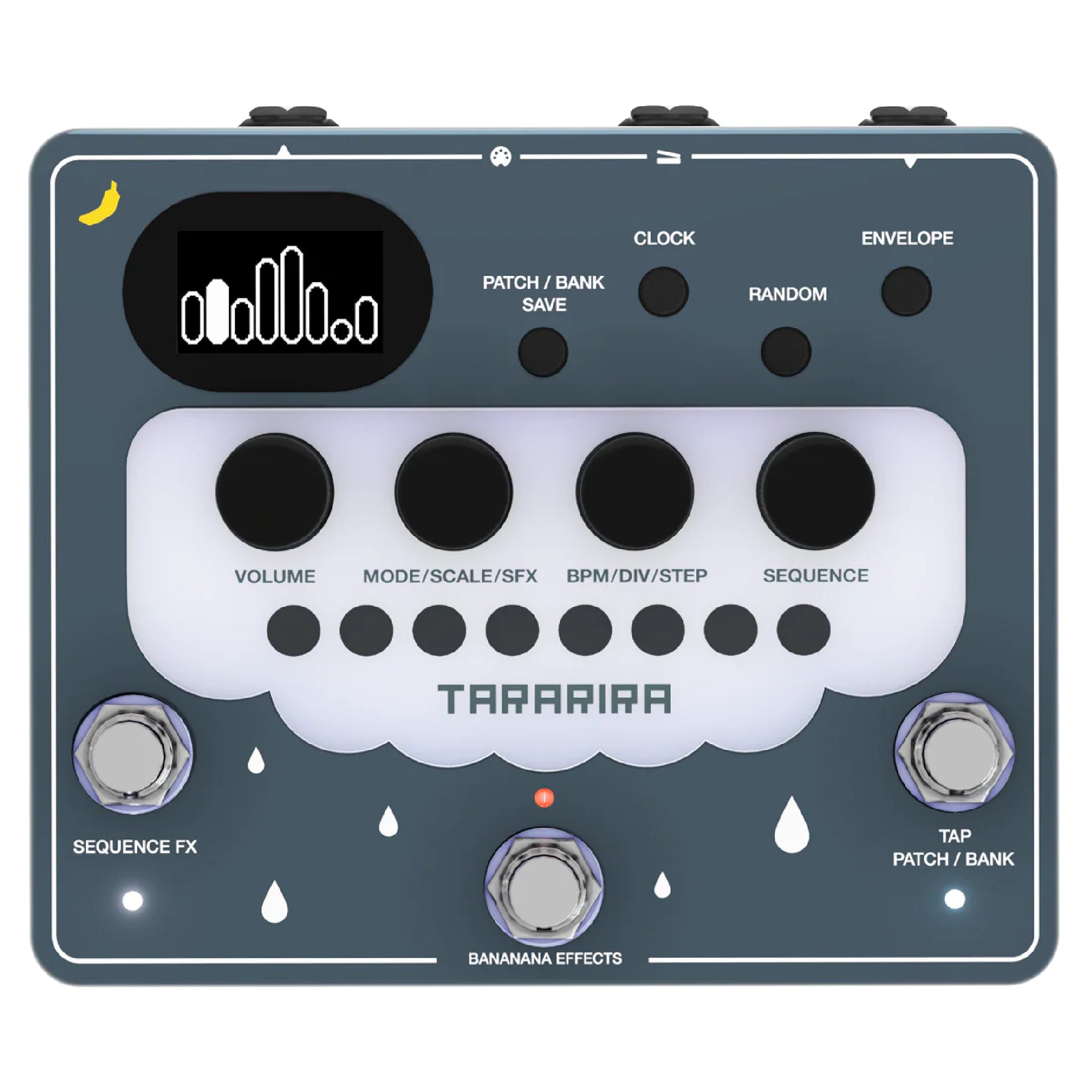 Gray sequencer pedal with knobs, buttons, foot switches, and a small display showing a bar graph pattern.