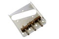 Rectangular metal guitar bridge plate with three saddles and adjustment screws on a white background.