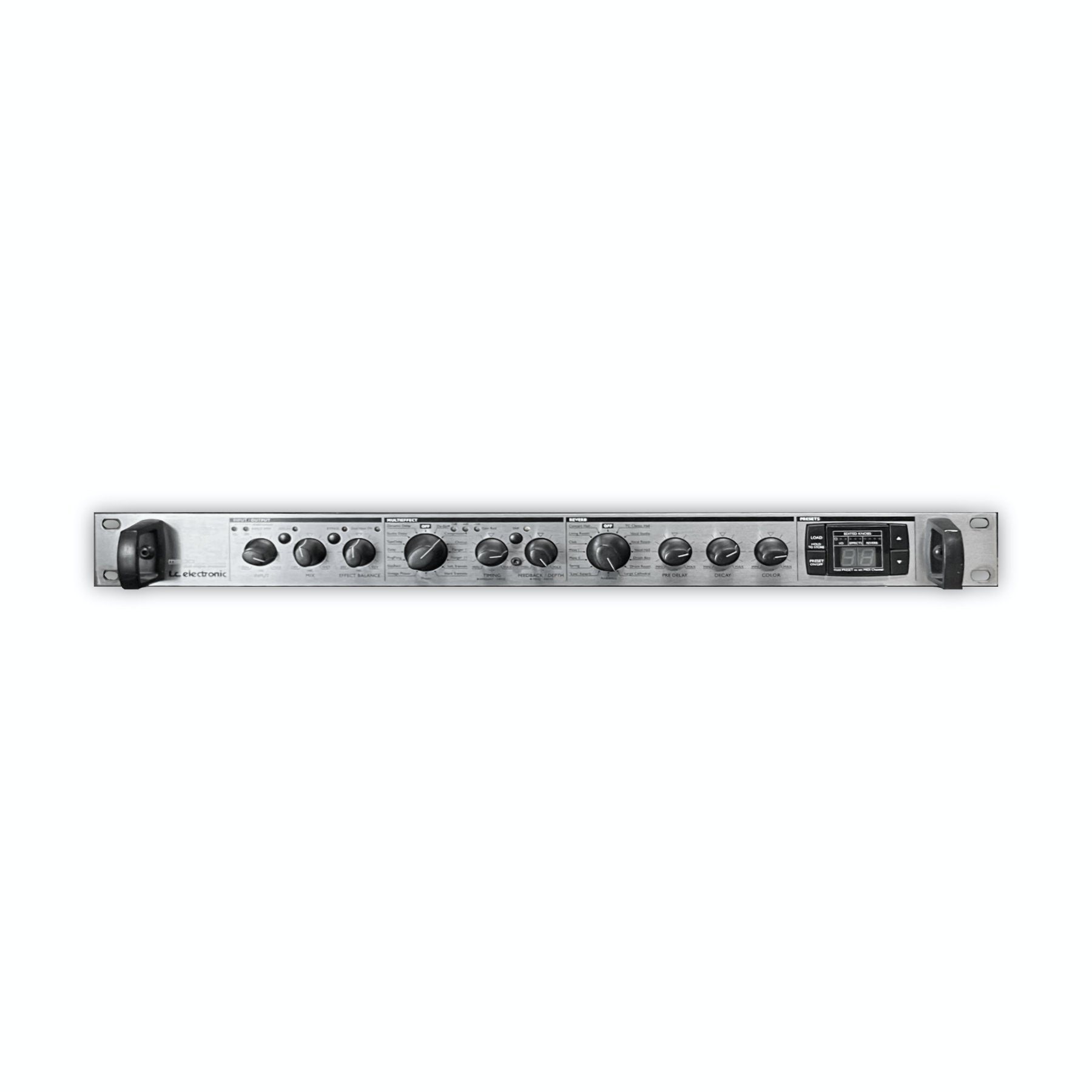 Front view of a 1U rack mount audio effects processor with various knobs, buttons, and a digital display.