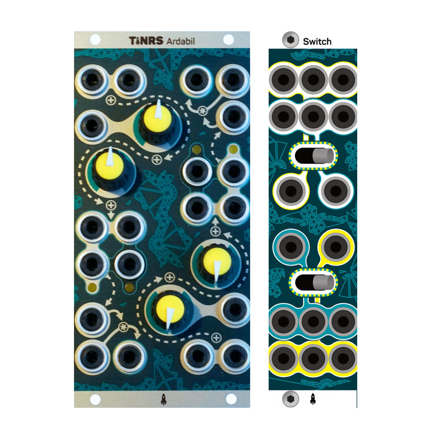 Two Eurorack modules with multiple 3.5mm jacks, knobs, and toggle switches on teal panels with white and yellow accents.