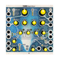 Blue and white eurorack module with yellow knobs, buttons, and many 3.5mm jacks labeled for delay, tail, pitch, and other functions.